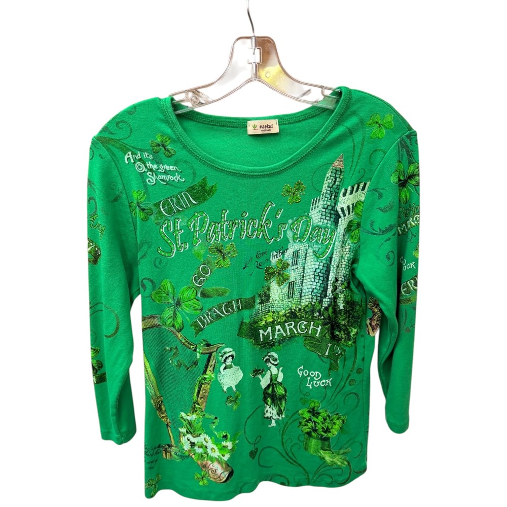 CACTUS St Patricks Day Graphic Top Green M Vintage Y2K Crystal Embellished Irish